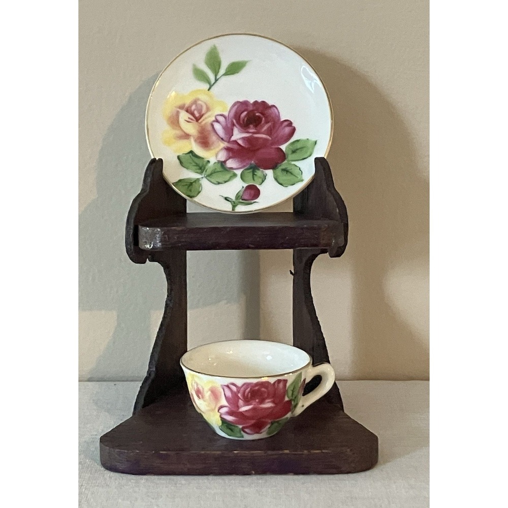 Vintage Napco Hand Painted Miniature Tea Cup w/Saucer Gold Trim - June Rose